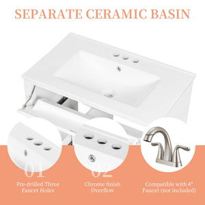English Elm 30-Inch Freestanding Bathroom Vanity with Ceramic Sink MDF Cabinet and Rubberwood Legs White N725P467399K