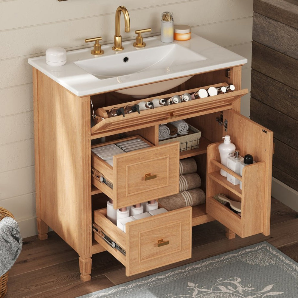 English Elm 30 Inch Freestanding Bathroom Vanity Solid Wood MDF Ceramic Sink Gold Hardware Storage N725P468261N