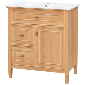 English Elm 30 Inch Freestanding Bathroom Vanity Solid Wood MDF Ceramic Sink Gold Hardware Storage N725P468261N