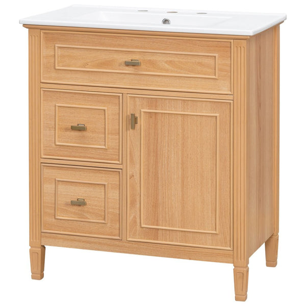 English Elm 30 Inch Freestanding Bathroom Vanity Solid Wood MDF Ceramic Sink Gold Hardware Storage N725P468261N