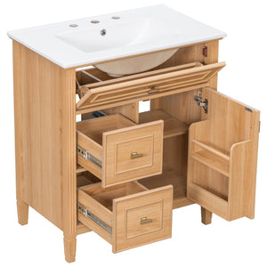 English Elm 30 Inch Freestanding Bathroom Vanity Solid Wood MDF Ceramic Sink Gold Hardware Storage N725P468261N