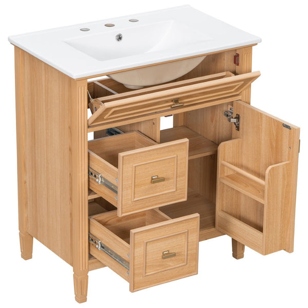 English Elm 30 Inch Freestanding Bathroom Vanity Solid Wood MDF Ceramic Sink Gold Hardware Storage N725P468261N