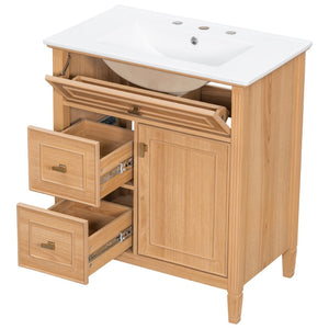 English Elm 30 Inch Freestanding Bathroom Vanity Solid Wood MDF Ceramic Sink Gold Hardware Storage N725P468261N
