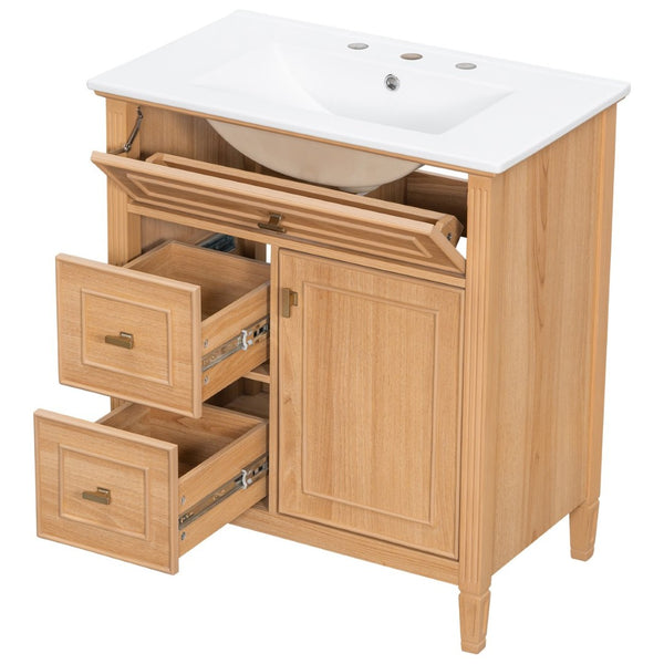 English Elm 30 Inch Freestanding Bathroom Vanity Solid Wood MDF Ceramic Sink Gold Hardware Storage N725P468261N