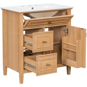 English Elm 30 Inch Freestanding Bathroom Vanity Solid Wood MDF Ceramic Sink Gold Hardware Storage N725P468261N