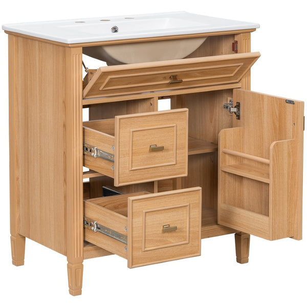 English Elm 30 Inch Freestanding Bathroom Vanity Solid Wood MDF Ceramic Sink Gold Hardware Storage N725P468261N