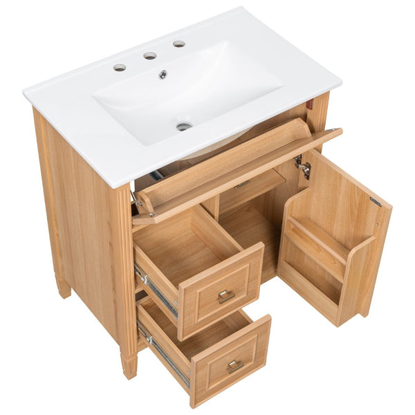 English Elm 30 Inch Freestanding Bathroom Vanity Solid Wood MDF Ceramic Sink Gold Hardware Storage N725P468261N