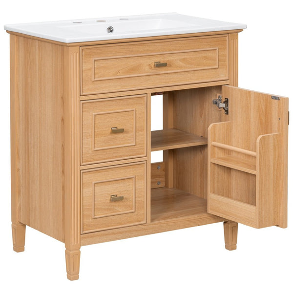English Elm 30 Inch Freestanding Bathroom Vanity Solid Wood MDF Ceramic Sink Gold Hardware Storage N725P468261N