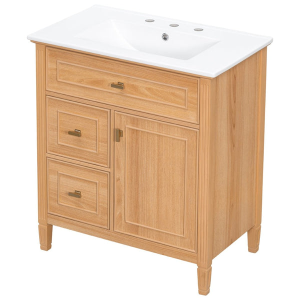 English Elm 30 Inch Freestanding Bathroom Vanity Solid Wood MDF Ceramic Sink Gold Hardware Storage N725P468261N