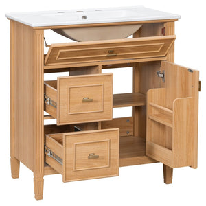 English Elm 30 Inch Freestanding Bathroom Vanity Solid Wood MDF Ceramic Sink Gold Hardware Storage N725P468261N