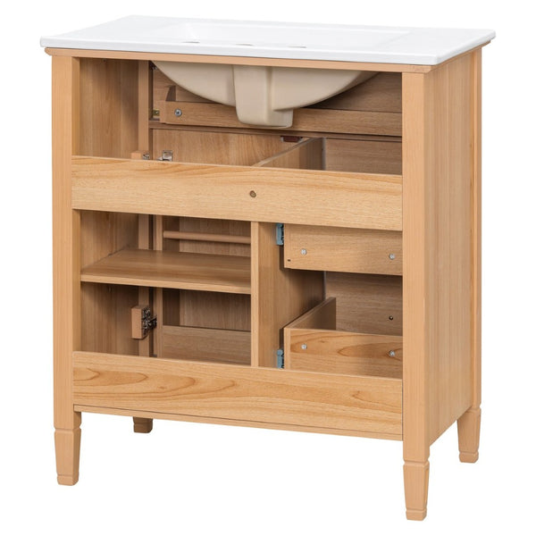 English Elm 30 Inch Freestanding Bathroom Vanity Solid Wood MDF Ceramic Sink Gold Hardware Storage N725P468261N