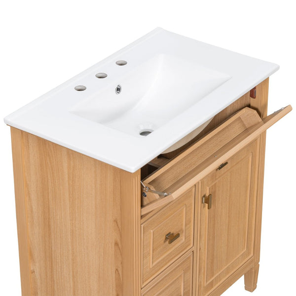 English Elm 30 Inch Freestanding Bathroom Vanity Solid Wood MDF Ceramic Sink Gold Hardware Storage N725P468261N