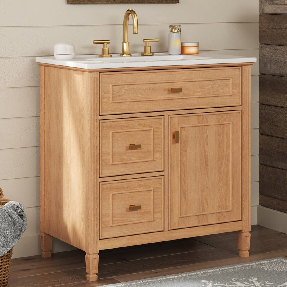 English Elm 30 Inch Freestanding Bathroom Vanity Solid Wood MDF Ceramic Sink Gold Hardware Storage N725P468261N