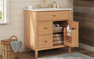 English Elm 30 Inch Freestanding Bathroom Vanity Solid Wood MDF Ceramic Sink Gold Hardware Storage N725P468261N