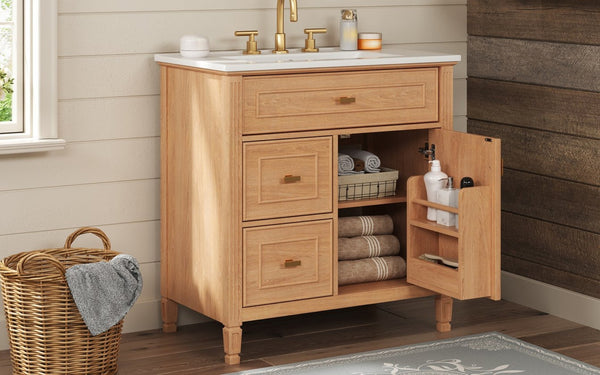 English Elm 30 Inch Freestanding Bathroom Vanity Solid Wood MDF Ceramic Sink Gold Hardware Storage N725P468261N