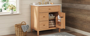 English Elm 30 Inch Freestanding Bathroom Vanity Solid Wood MDF Ceramic Sink Gold Hardware Storage N725P468261N