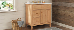 English Elm 30 Inch Freestanding Bathroom Vanity Solid Wood MDF Ceramic Sink Gold Hardware Storage N725P468261N