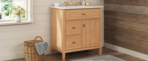English Elm 30 Inch Freestanding Bathroom Vanity Solid Wood MDF Ceramic Sink Gold Hardware Storage N725P468261N