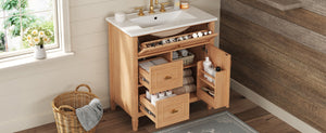 English Elm 30 Inch Freestanding Bathroom Vanity Solid Wood MDF Ceramic Sink Gold Hardware Storage N725P468261N