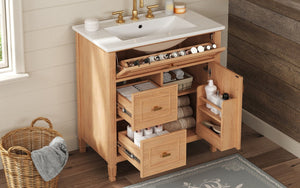 English Elm 30 Inch Freestanding Bathroom Vanity Solid Wood MDF Ceramic Sink Gold Hardware Storage N725P468261N
