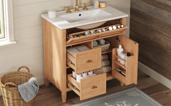English Elm 30 Inch Freestanding Bathroom Vanity Solid Wood MDF Ceramic Sink Gold Hardware Storage N725P468261N