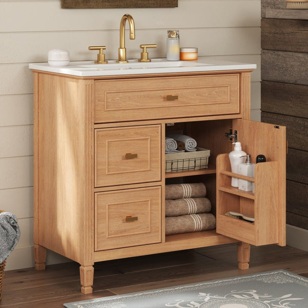 English Elm 30 Inch Freestanding Bathroom Vanity Solid Wood MDF Ceramic Sink Gold Hardware Storage N725P468261N