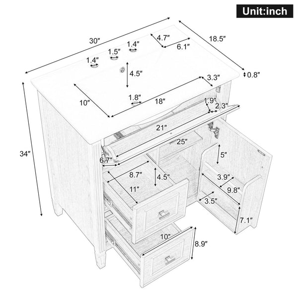 English Elm 30 Inch Freestanding Bathroom Vanity Solid Wood MDF Ceramic Sink Gold Hardware Storage N725P468261N