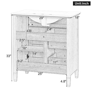 English Elm 30 Inch Freestanding Bathroom Vanity Solid Wood MDF Ceramic Sink Gold Hardware Storage N725P468261N