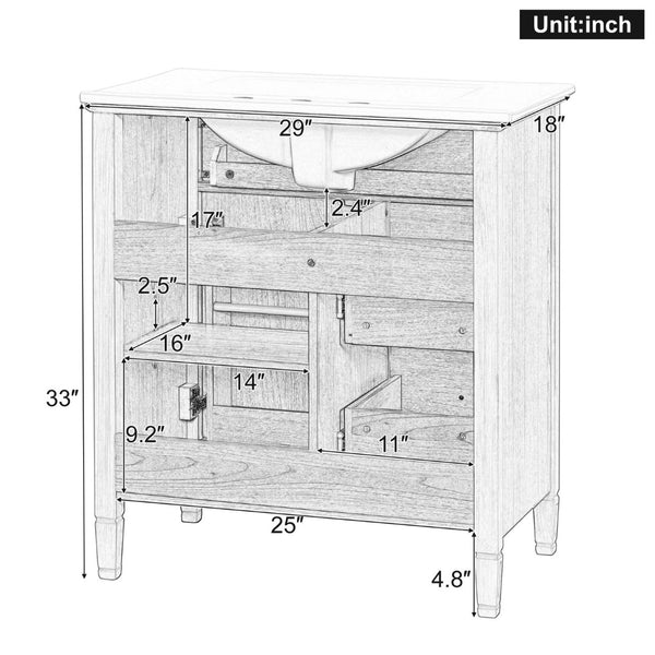English Elm 30 Inch Freestanding Bathroom Vanity Solid Wood MDF Ceramic Sink Gold Hardware Storage N725P468261N