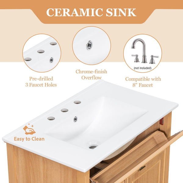 English Elm 30 Inch Freestanding Bathroom Vanity Solid Wood MDF Ceramic Sink Gold Hardware Storage N725P468261N