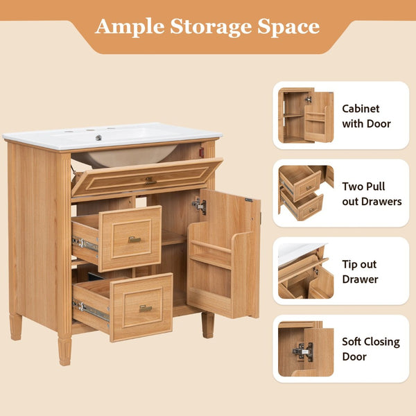 English Elm 30 Inch Freestanding Bathroom Vanity Solid Wood MDF Ceramic Sink Gold Hardware Storage N725P468261N