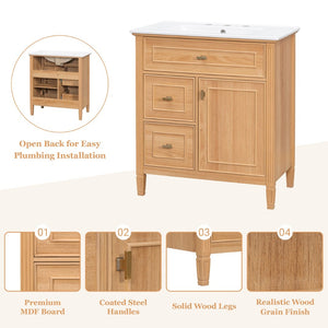 English Elm 30 Inch Freestanding Bathroom Vanity Solid Wood MDF Ceramic Sink Gold Hardware Storage N725P468261N
