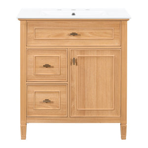 English Elm 30 Inch Freestanding Bathroom Vanity Solid Wood MDF Ceramic Sink Gold Hardware Storage N725P468261N