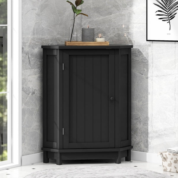 English Elm Black Triangle Corner Floor Cabinet Matte MDF Modern Bathroom Organized Storage N725P486408B