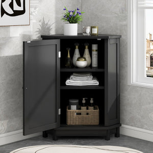 English Elm Black Triangle Corner Floor Cabinet Matte MDF Modern Bathroom Organized Storage N725P486408B