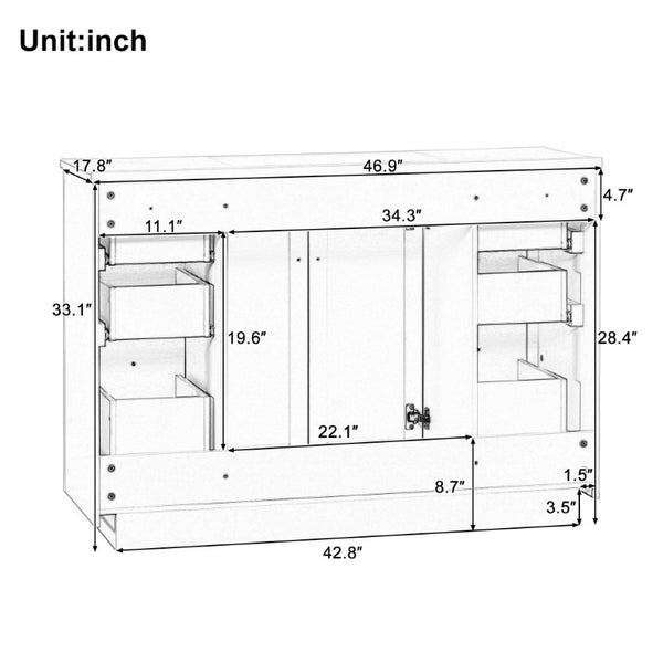 English Elm 48 Inch Freestanding Bathroom Vanity MDF Cabinet with SMC Sink Gold Handles 7 Drawers Cabinet Only N725P491310B