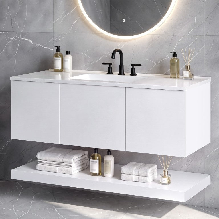 English Elm 48 Inch Floating MDF Bathroom Vanity with 3 Drawers Open Shelf and Composite Sink Top White 48 inches N725P496589K