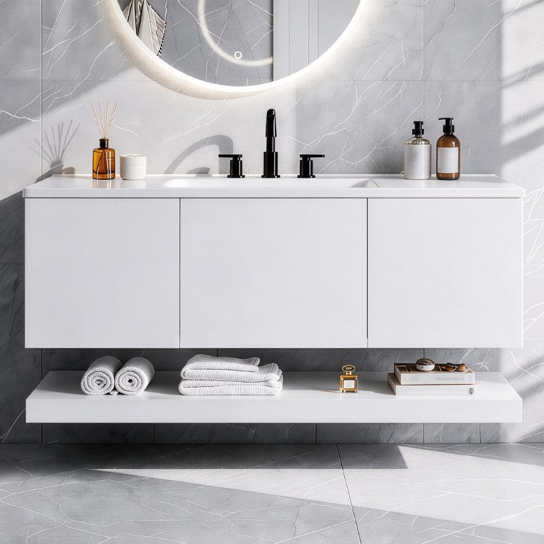 English Elm 48 Inch Floating MDF Bathroom Vanity with 3 Drawers Open Shelf and Composite Sink Top White 48 inches N725P496589K