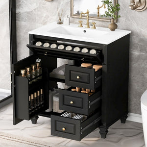 English Elm 30 Inch Freestanding Bathroom Vanity Rubberwood Cabinet with Ceramic Sink and Four Storage Zones Black N725P499703B