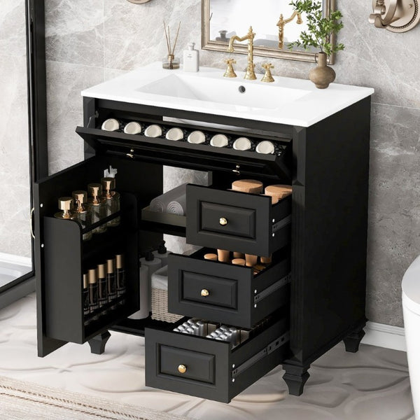 English Elm 30 Inch Freestanding Bathroom Vanity Rubberwood Cabinet with Ceramic Sink and Four Storage Zones Black N725P499703B