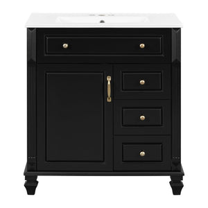 English Elm 30 Inch Freestanding Bathroom Vanity Rubberwood Cabinet with Ceramic Sink and Four Storage Zones Black N725P499703B