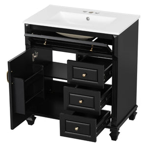 English Elm 30 Inch Freestanding Bathroom Vanity Rubberwood Cabinet with Ceramic Sink and Four Storage Zones Black N725P499703B
