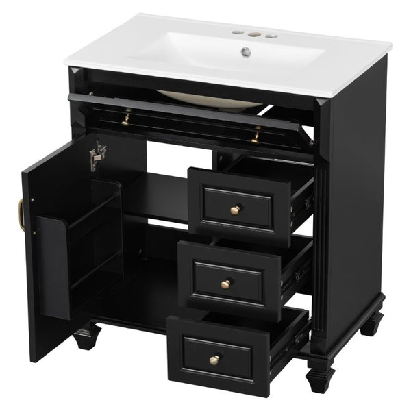 English Elm 30 Inch Freestanding Bathroom Vanity Rubberwood Cabinet with Ceramic Sink and Four Storage Zones Black N725P499703B