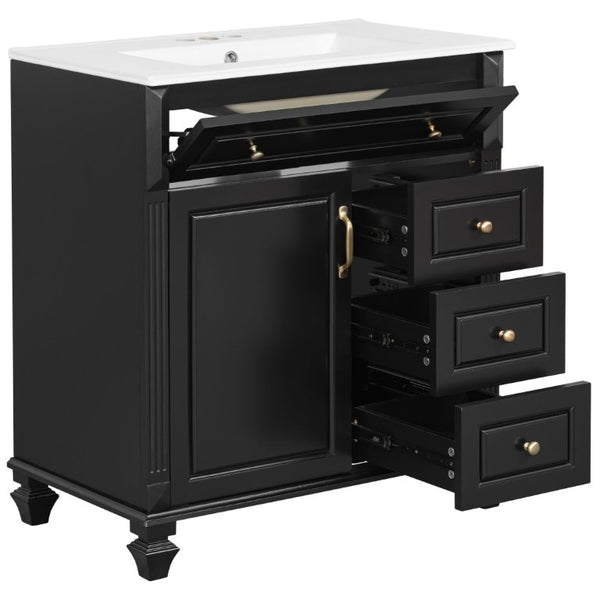 English Elm 30 Inch Freestanding Bathroom Vanity Rubberwood Cabinet with Ceramic Sink and Four Storage Zones Black N725P499703B