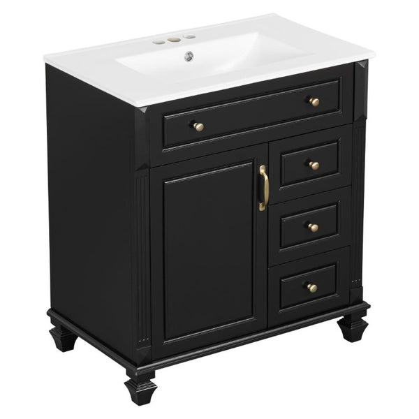 English Elm 30 Inch Freestanding Bathroom Vanity Rubberwood Cabinet with Ceramic Sink and Four Storage Zones Black N725P499703B