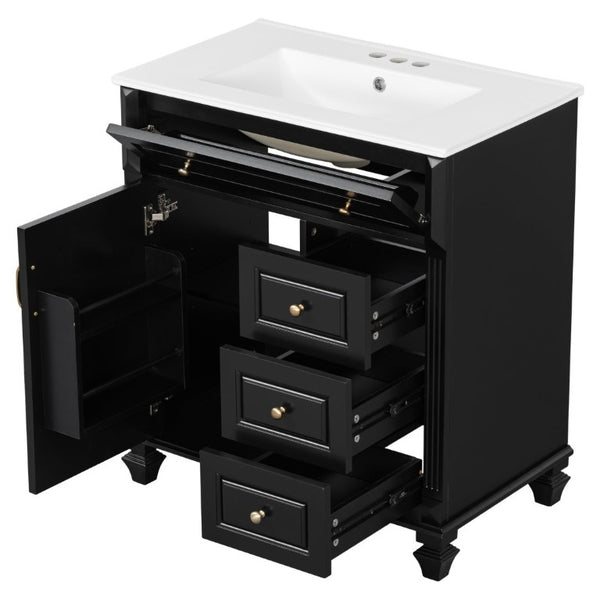 English Elm 30 Inch Freestanding Bathroom Vanity Rubberwood Cabinet with Ceramic Sink and Four Storage Zones Black N725P499703B