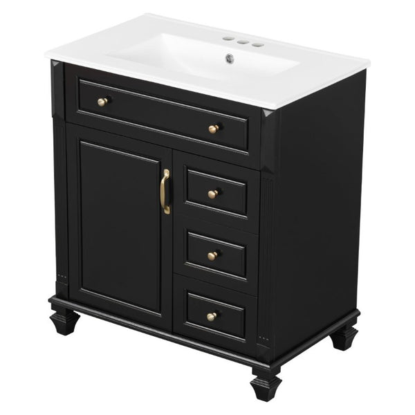 English Elm 30 Inch Freestanding Bathroom Vanity Rubberwood Cabinet with Ceramic Sink and Four Storage Zones Black N725P499703B
