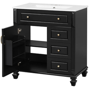 English Elm 30 Inch Freestanding Bathroom Vanity Rubberwood Cabinet with Ceramic Sink and Four Storage Zones Black N725P499703B