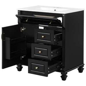 English Elm 30 Inch Freestanding Bathroom Vanity Rubberwood Cabinet with Ceramic Sink and Four Storage Zones Black N725P499703B