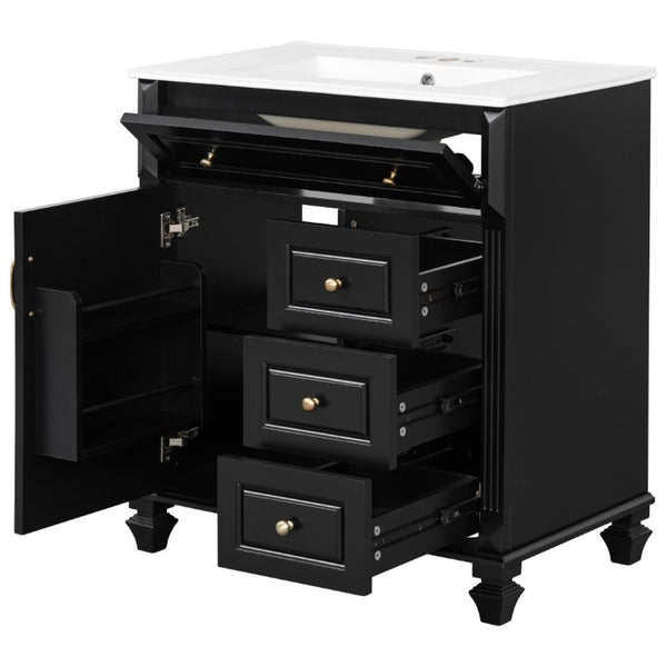 English Elm 30 Inch Freestanding Bathroom Vanity Rubberwood Cabinet with Ceramic Sink and Four Storage Zones Black N725P499703B